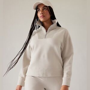 Athleta Retroplush Revive Half Zip Sweatshirt Abalone Neutral Ribbed Collar